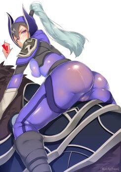 ! !! 1girl artist_name ass bodysuit boots breasts cameltoe dota_(series) dota_2 female_focus helmet hews high_ponytail highres large_breasts long_hair looking_at_viewer looking_back luna_(dota) pantylines ponytail purple_bodysuit purple_eyes silver_hair simple_background solo thighs valve white_background
