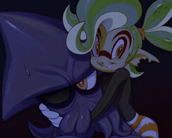 1960s_(style) deformed faux_retro_artstyle green_hair highres inkling lukas_verallina male_focus nintendo oldschool original pointy_ears retro_artstyle roachgore smile splatoon_(series) splatoon_3 squid sweat tentacle_hair thick_eyebrows vonnie_aurita