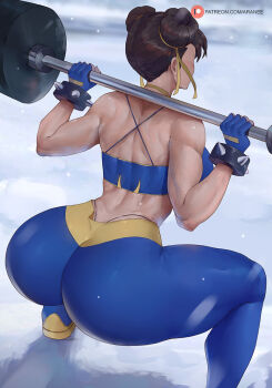 1girl araneesama ass back barbell bare_shoulders black_gloves blue_pants blue_shoes blue_sports_bra bracelet breasts brown_hair capcom chun-li double_bun exercising fingerless_gloves gloves hair_bun hair_ribbon highres huge_ass jewelry large_breasts medium_hair pants ribbon shoes solo spiked_bracelet spikes sports_bra squatting street_fighter thick_thighs thighs tight_clothes tight_pants yellow_ribbon yoga_pants