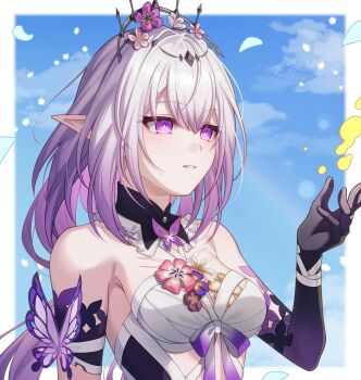 1girl bad_link black_tiara breasts bright_pupils bug butterfly castorice_(honkai:_star_rail) dress elbow_gloves flower gloves gradient_gloves grey_hair hair_flower hair_ornament highres honkai:_star_rail honkai_(series) insect long_hair medium_breasts multicolored_hair parted_lips pochimaru_(marumaru_wanwan) purple_eyes purple_hair smile solo tiara two-tone_hair upper_body white_dress white_pupils