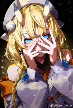 1girl absurdres bare_shoulders black_background blonde_hair blue_eyes blue_horns braid closed_mouth coat coat_partially_removed hair_ornament hair_over_shoulder hands_on_own_face hat highres horns japanese_clothes kadou_mikaru kimono kyokugen_sakana layered_sleeves light_particles lightning_bolt lightning_bolt_hair_ornament lightning_bolt_symbol long_sleeves looking_at_viewer low_twin_braids multicolored_horns nijisanji pom_pom_(clothes) pom_pom_hair_ornament puffy_long_sleeves puffy_sleeves short_over_long_sleeves short_sleeves sidelocks solo standing twin_braids twitter_username two-tone_horns upper_body virtual_youtuber white_coat white_hat white_horns white_kimono x_hair_ornament yellow_trim