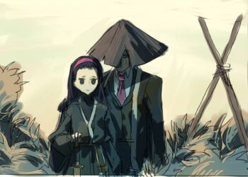 Rule 34 | 1boy, 1girl, aeng-du (project moon), bamboo-hatted kim, black coat, black hair, black kimono, black pants, black suit, coat, commentary, expressionless, formal clothes, grass, hand on another's shoulder, hat, highres, holding, holding weapon, jacket, japanese clothes, jingasa, kimono, limbus company, long hair, looking at viewer, muted color, necktie, pants, project moon, red necktie, scar, scar across eye, scar on face, shoggoth (sirens20211), sketch, sky, solid oval eyes, standing, suit, suit jacket, torn clothes, torn hat, unfinished, upper body, weapon