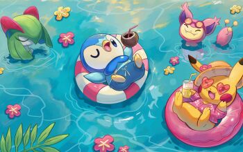 clothed_pokemon coconut_cup day flower gen_1_pokemon gen_3_pokemon gen_4_pokemon green_hair heart heart-shaped_eyewear highres innertube kirlia nintendo one_eye_closed open_mouth outdoors pikachu pink-tinted_eyewear pink_flower pink_fur pink_shirt piplup pokemon pokemon_(creature) round_eyewear shirt skitty swim_ring tinted_eyewear water wolfang_fh yellow_fur