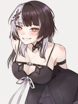 1girl arm_strap black_choker black_dress black_hair black_nails breasts chest_belt choker cleavage dress grey_hair hair_ornament hashtag-only_commentary highres hololive hololive_english lace lace-trimmed_choker lace_choker lace_trim large_breasts long_hair looking_at_viewer multicolored_hair nurizza_ilst shiori_novella shiori_novella_(1st_costume) simple_background smile solo split-color_hair two-tone_hair virtual_youtuber white_background yellow_eyes