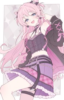 Rule 34 | 1girl, bang dream!, bang dream! it's mygo!!!!!, belt, black belt, black jacket, black nails, blush, border, breasts, chihaya anon, commentary, cone hair bun, e20, earrings, fang, grey eyes, hair bun, heart, heart earrings, highres, jacket, jewelry, medium breasts, midriff, nail polish, navel, open clothes, open jacket, outside border, pink hair, purple skirt, sanrio, skin fang, skirt, sleeveless, solo, thigh strap, v, white border