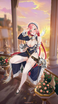 1girl :d black_shoes blush braid breasts character_request earrings fingernails flower frills full_body hand_up highres houchi_shoujo jewelry large_breasts leaf long_hair maid_headdress official_art open_mouth pink_flower pink_hair plant rose rose_bush shoes sitting small_sweatdrop smile solo statue sweat thighhighs twin_braids unworn_armor very_long_hair white_thighhighs yellow_background yellow_eyes