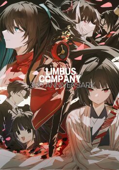 Rule 34 | 1other, 3boys, 3girls, anniversary, aqua eyes, araya (project moon), black eyes, black gloves, black hair, black kimono, black pants, bob cut, clock, closed mouth, coat, copyright name, dante (limbus company), e.g.o (project moon), english text, expressionless, eye mask, fire, forest for the flames (e.g.o), gloves, half eye mask, hasugu, high ponytail, highres, holding, holding sword, holding weapon, hong lu (project moon), jacket, japanese clothes, jia qiu (project moon), jia xichun (project moon), kimono, limbus company, long hair, mask, multicolored hair, multiple boys, multiple girls, necktie, object head, open mouth, pants, petals, ponytail, profile, project moon, red coat, red eyes, rien (project moon), ryoshu (project moon), shirt, short hair, smile, streaked hair, sword, very long hair, weapon, white hair