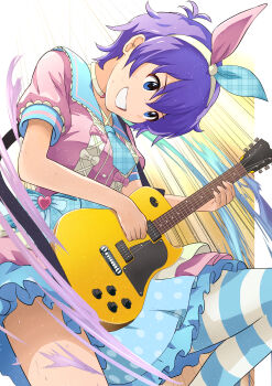 1girl absurdres blue_eyes blue_necktie dress electric_guitar grin guitar hair_ribbon hairband highres holding holding_guitar holding_instrument idolmaster idolmaster_million_live! idolmaster_million_live!_theater_days instrument julia_(idolmaster) looking_down music necktie noborinosato official_alternate_costume official_alternate_hair_color pink_dress plaid_clothes plaid_necktie playing_guitar playing_instrument purple_hair ribbon short_hair short_sleeves smile solo striped_clothes striped_thighhighs thighhighs
