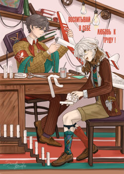 Rule 34 | 1boy, 1other, :d, alternate costume, artist name, black sclera, black socks, blue eyes, brown hair, brown jacket, brown pants, brown shirt, brown shoes, brown shorts, chair, check translation, colored sclera, commentary, desk, dominoes, english commentary, full body, green socks, green vest, grey hair, heterochromia, highres, jacket, legwear garter, light bulb, medicine pocket, medicine pocket (the cosmos photographer), medium hair, mismatched sclera, model airplane, monitor, neckerchief, official alternate costume, on chair, open mouth, pants, plaid clothes, plaid shirt, plaid socks, procreate (medium), pulley, red neckerchief, red socks, reverse:1999, russian text, sandkessho, scissors, shirt, shoes, short hair, shorts, signature, sitting, smile, socks, striped clothes, striped jacket, translation request, vertical-striped clothes, vertical-striped jacket, vest, wall shelf, white shirt, x (reverse:1999), yellow eyes