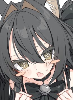 1girl @_@ animal_ear_fluff bell black_bow black_bowtie black_collar black_hair blush_stickers bow bowtie brown_eyes clenched_hands close-up collar double-parted_bangs hair_between_eyes hair_intakes highres jingle_bell long_hair neck_bell open_mouth original sentouryoku_5 solo sweatdrop tearing_up two_side_up