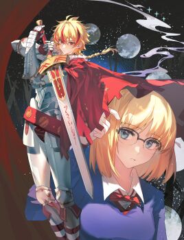 Rule 34 | 1boy, 1girl, absurdres, armor, blonde hair, blue shirt, braid, collared shirt, commentary request, excalibur (fate/strange fake), fate/strange fake, fate (series), gauntlets, glasses, grey eyes, highres, holding, holding sword, holding weapon, lokiy huai, looking at viewer, multicolored hair, over-rim eyewear, red eyes, red hair, richard i (fate), sajou ayaka (fate/strange fake), semi-rimless eyewear, shirt, shirt under shirt, streaked hair, sword, weapon