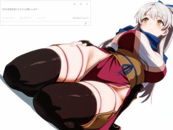 1girl ahonoko arm_guards breasts chest_sarashi detached_sleeves fire_emblem fire_emblem:_radiant_dawn fire_emblem_heroes from_below frown grey_hair hair_ribbon high_ponytail japanese_clothes kneeling large_breasts long_hair micaiah_(fire_emblem) micaiah_(ninja)_(fire_emblem) ninja nintendo official_alternate_costume official_alternate_hairstyle pelvic_curtain ponytail ribbon sarashi scarf simple_background skindentation solo thick_thighs thighhighs thighs white_background wide_hips yellow_eyes
