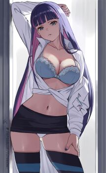 1girl aqua_eyes arm_up black_skirt blue_bra blunt_bangs bow bow_bra bra breasts cleavage coat collarbone collared_coat commentary dress_shirt english_commentary gluteal_fold hand_on_own_thigh highres large_breasts long_hair long_sleeves looking_at_viewer microskirt multicolored_hair nail_polish navel panties panty_&amp;_stocking_with_garterbelt parted_lips patreon_logo patreon_username pink_hair purple_hair shirt skirt solo stocking_(psg) striped_clothes striped_thighhighs thighhighs thighs two-tone_hair underwear very_long_hair white_coat white_panties zefrableu