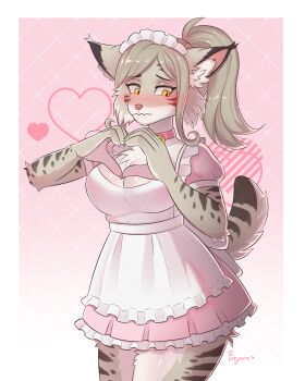 1girl alternate_costume animal_ears animal_print apron blush body_fur breasts cleavage closed_mouth commentary dress embarrassed english_commentary enmaided freyana frilled_apron frills furry furry_female grey_hair heart heart_hands highres large_breasts leopard_print luna_jarashi maid maid_apron maid_headdress pink_background pink_dress ponytail puffy_short_sleeves puffy_sleeves short_sleeves snow_leopard_ears snow_leopard_girl snow_leopard_tail solo tail toumei_otoko_to_ningen_onna:_sonouchi_fuufu_ni_naru_futari white_apron yellow_eyes