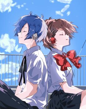 1boy 1girl back-to-back black_pants black_ribbon black_skirt blue_hair blue_sky bow bowtie brown_hair closed_eyes closed_mouth cloud cloudy_sky commentary day earphones english_commentary feet_out_of_frame gekkoukan_high_school_uniform hair_ornament hairclip hands_on_lap highres kaito_ikeuchi own_hands_together pants parted_lips persona persona_3 persona_3_portable railing red_bow red_bowtie ribbon school_uniform shiomi_kotone shirt short_hair short_sleeves sitting skirt sky smile white_shirt wing_collar yuuki_makoto_(persona_3)