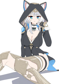 1girl absurdres blue_eyes boots breasts cipher_(honkai:_star_rail) cleavage fang grey_hair highres honkai:_star_rail honkai_(series) hood large_breasts looking_at_viewer marin_liekuriva short_hair sitting solo tailcoat