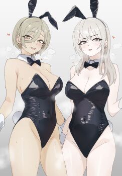 2girls animal_ears black_leotard bow bowtie breasts brown_eyes bunny_day cleavage commentary covered_navel cowboy_shot dark-skinned_female dark_skin detached_collar earclip fake_animal_ears girls_band_cry gradient_background green_hair grey_background grey_eyes grey_hair hair_between_eyes highres kawaragi_momoka large_breasts leotard light_blush long_hair looking_at_viewer loving_aura mole mole_under_eye multicolored_hair multiple_girls n_nai_nai_n open_mouth playboy_bunny rabbit_ears rabbit_tail raised_eyebrows roots_(hair) rupa_(girls_band_cry) shiny_clothes short_hair smile steaming_body strapless strapless_leotard sweat tail v-shaped_eyebrows white_wrist_cuffs wrist_cuffs