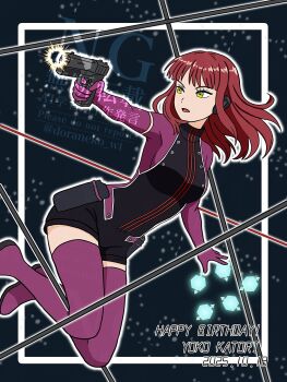 Rule 34 | 1girl, black background, boots, breasts, character name, commentary, dated, doraneko wt, elbow gloves, firing, floating hair, gloves, gun, handgun, happy birthday, headphones, highres, holding, holding gun, holding weapon, jacket, katori squad's uniform, katori youko, long hair, purple boots, purple gloves, purple jacket, red hair, short jumpsuit, short sleeves, solo, thighhighs, watermark, weapon, wire, world trigger, yellow eyes