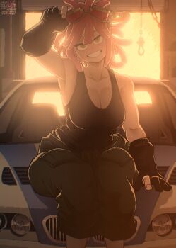 1girl absurdres adjusting_eyewear arm_up armpits artist_collaboration artist_logo artist_name backlighting black_tank_top bmw boku_no_hero_academia breasts car chain clauschristmas cleavage clenched_teeth commentary daimus_raw english_commentary garage goggles goggles_on_head grin hatsume_mei headlamp highres hook indoors large_breasts logo motor_vehicle overhead_door pink_hair sitting smile solo sweat tank_top teeth