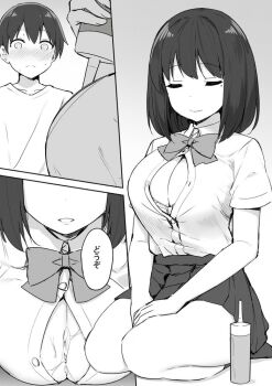 1boy 1girl age_difference between_legs blush bottle bow bowtie bra breasts button_gap buttons cleavage closed_eyes comic commentary greyscale hand_between_legs hetero imminent_paizuri joshi_kousei_rich_thots kneeling large_breasts lube mole mole_onee-san_(sky-freedom) mole_under_eye monochrome onee-shota open_clothes open_shirt paizuri_invitation pleated_skirt presenting school_uniform seiza shirt_tucked_in shota shota-kun_(sky-freedom) sitting skirt sky-freedom smile speech_bubble symbol-only_commentary teenage_girl_and_younger_boy translated underwear