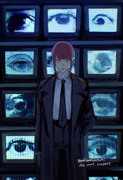 1girl artist_name black_coat black_necktie black_pants chainsaw_man coat collared_shirt crt eye_focus formal_clothes hand_in_pocket highres kamo_(kamonegioisi) looking_at_viewer makima_(chainsaw_man) medium_hair necktie pants red_hair shirt shirt_tucked_in sidelocks smile solo static suit television watermark white_shirt
