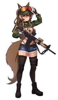 1girl absurdres animal_ears bikini black_bikini black_thighhighs boots brown_hair bt_(user_udwc7853) cadpat callisto_(greyeth) colt_canada_c7 combat_boots commission cropped_jacket denim denim_shorts fingerless_gloves fox_ears fox_girl fox_tail gloves goggles goggles_on_headwear hat highres knee_pads laser_sight military_hat multicolored_hair optical_sight orange_eyes original short_shorts shorts single_knee_pad solo streaked_hair swimsuit tail thigh_strap thighhighs thong_bikini white_background zettai_ryouiki
