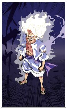 angry aura dragon_ball gear_fifth glowing glowing_hair highres looking_at_viewer monkey_d._luffy one_piece reference scratches serious son_goku sound_effects standing super_saiyan tagme torn_clothes transformation