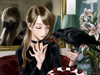 1girl bingi bird bird_on_hand black_dress blue_eyes brown_hair cake cherry choker crow dress feeding flower food fruit highres indoors light_smile long_hair mirror original reflection