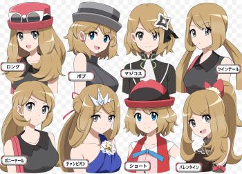 1girl alternate_costume ascot bag black_ribbon black_thighhighs blonde_hair blue_dress blue_eyes bow breasts brown_hair chart closed_mouth dress earrings eyelashes eyewear_on_headwear grey_eyes grey_hat hair_bow hair_ornament hair_ribbon hat high_ponytail highres jewelry long_hair long_sleeves looking_at_viewer nintendo official_alternate_costume open_mouth pink_hat pokemon pokemon_(anime) pokemon_journeys pokemon_masters_ex pokemon_xy pokemon_xy_(anime) ponytail red_hat ribbon serena_(champion)_(pokemon) serena_(palentine's_2021)_(pokemon) serena_(pokemon) serena_(sygna_suit)_(pokemon) shabana_may shirt short_hair shoulder_bag simple_background single-shoulder_dress sleeveless sleeveless_shirt smile sunglasses sweater thighhighs tiara turtleneck turtleneck_sweater twintails upper_body white-framed_eyewear white_ascot