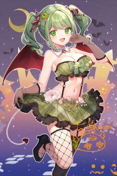 1girl asymmetrical_legwear bandeau bare_shoulders black_shoes black_thighhighs bow breasts brown_gloves cinu cleavage commentary_request crop_top demon_tail demon_wings detached_collar fishnet_thighhighs fishnets frilled_skirt frills garter_straps gloves green_bandeau green_eyes green_hair green_skirt hair_bow halloween hand_up high_heels highres large_breasts leg_up long_hair looking_at_viewer midriff miniskirt navel open_mouth original plaid_clothes plaid_skirt shoes skirt smile solo stomach strapless suspenders tail thighhighs tube_top twintails wings