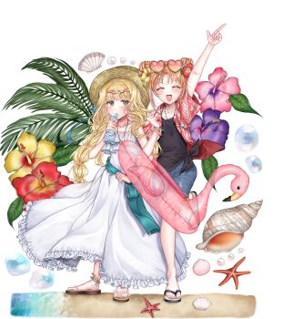 Rule 34 | 2girls, ^ ^, angnokmik k2, arm up, blonde hair, bracelet, closed eyes, commentary request, dress, eyewear on head, flower, full body, hat, hibiscus, highres, innertube, jewelry, korean commentary, locked arms, long dress, long hair, mashiro rima, multiple girls, sandals, seashell, shell, shorts, shugo chara!, smile, straw hat, swim ring, twintails, white dress, yellow eyes, yuiki yaya