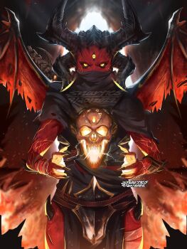 1girl artist_name backlighting bald bald_female belt black_capelet black_dress black_horns black_nails black_sclera capelet colored_sclera colored_skin commentary covered_mouth crotch_plate dated demon_girl demon_horns dress electricity english_commentary fingernails floating_skull glowing hell hellfire highres holding holding_skull horns metal:_hellsinger paz_(metal:_hellsinger) pelvic_curtain red_skin red_wings sharp_fingernails skull snartles solo_focus spikes sword sword_on_back symmetry the_unknown_(metal:_hellsinger) third_eye torn_wings weapon weapon_on_back wings yellow_eyes