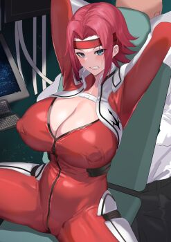 1girl absurdres aji_(sakanaaj1) arms_behind_head blue_eyes bodysuit breasts cleavage code_geass covered_erect_nipples flipped_hair headband highres kouzuki_kallen large_breasts looking_at_viewer open_bodysuit open_clothes pilot_suit red_bodysuit red_hair short_hair solo spread_legs