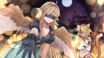 2girls ahoge alouette_(tate_no_yuusha_no_nariagari) animal_ear_fluff animal_ears arch black_dress black_gloves blindfold blonde_hair blue_skirt blurry blurry_background braid breasts castle cat_ears cat_girl character_request cleavage cleavage_cutout closed_mouth clothing_cutout crop_top crossed_arms dancer detached_sleeves dress facing_viewer feathered_wings flat_chest flower full_moon game_cg gloves hair_flower hair_ornament leaning_forward lens_flare long_braid long_hair looking_at_viewer low-tied_long_hair medium_breasts moon multiple_girls navel night non-web_source official_art one_eye_closed outstretched_arm reaching reaching_towards_viewer single_braid skirt sky small_breasts smile stomach tate_no_yuusha_no_nariagari tate_no_yuusha_no_nariagari_rise white_flower wings yellow_eyes yellow_tail