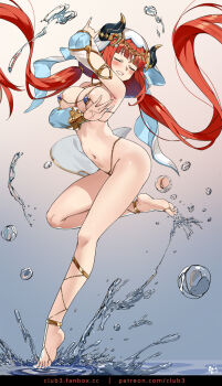 1girl alternate_breast_size anklet arm_up bare_legs bare_shoulders bikini blue_nails blunt_bangs blush bracer breasts circlet closed_eyes club3 dancer dancing detached_sleeves fanbox_username feet floating_hair forehead_jewel full_body genshin_impact gold_trim harem_outfit highres horns jewelry large_breasts leg_up legs long_sleeves micro_bikini nail_polish nilou_(genshin_impact) paid_reward_available parted_bangs parted_lips pasties patreon_username puffy_long_sleeves puffy_sleeves red_hair revealing_clothes simple_background smile solo standing standing_on_one_leg stomach swimsuit tiptoes toenail_polish toenails toes twintails vambraces veil water water_drop watermark web_address white_headwear white_veil