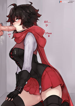 1boy 1girl black_gloves black_hair bluefield boots breasts cape erection fellatio fingerless_gloves from_side glory_hole gloves grey_eyes hetero highres kneeling medium_breasts oral penis red_cape red_skirt ruby_rose rwby short_hair skirt solo_focus testicles thigh_boots uncensored
