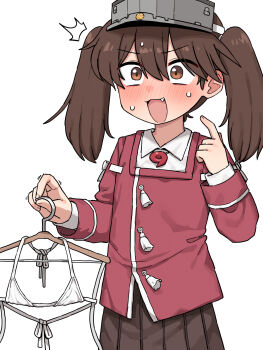 1girl ^^^ bikini blush brown_eyes brown_hair brown_skirt clothes_hanger collared_shirt commentary fang highres holding jacket jewelry kantai_collection lakilolom magatama magatama_necklace motion_lines necklace nose_blush pleated_skirt pointing pointing_at_self red_jacket ryuujou_(kancolle) shirt simple_background skirt solo sweat swimsuit twintails visor_cap white_background white_bikini white_shirt