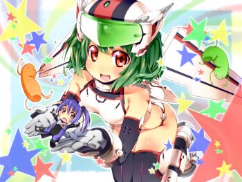 1boy 1girl bare_shoulders bent_over blue_hair blush cellphone chibi cosplay giant giantess green_hair helmet highres kazuma_(kazumav) macross macross_frontier macross_frontier:_itsuwari_no_utahime mecha mecha_musume mini_person miniboy no_nose open_mouth phone ponytail purple_hair ranka_lee red_eyes robot saotome_alto star_(symbol) thighhighs vf-25 vf-25_(cosplay)
