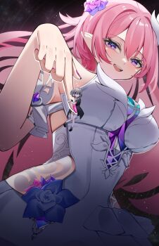 2girls breasts clothing_cutout commentary cyrene_(honkai:_star_rail) diamond-shaped_pupils diamond_(shape) dress english_commentary flower forever_moru giant giantess grey_hair hair_flower hair_ornament highres honkai:_star_rail honkai_(series) large_breasts long_hair multiple_girls open_mouth pink_hair pink_nails pointy_ears purple_eyes side_cutout smile stelle_(honkai:_star_rail) symbol-shaped_pupils trailblazer_(honkai:_star_rail) very_long_hair white_dress