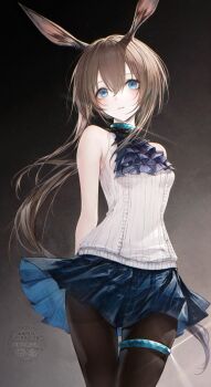 1girl absurdres amiya_(arknights) animal_ear_fluff animal_ears aran_sweater arknights armpit_crease arms_behind_back ascot bare_shoulders black_pantyhose blue_ascot blue_choker blue_skirt breasts brown_hair cable_knit checkered_clothes checkered_skirt choker commentary cowboy_shot english_commentary glint hair_between_eyes high_ponytail highres long_hair looking_to_the_side pantyhose parted_lips pleated_skirt ponytail rabbit_ears rabbit_girl renoahh revision sidelocks skirt sleeveless sleeveless_sweater small_breasts solo sweater thigh_strap thighs watermark white_sweater