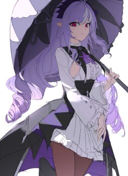 1girl absurdres ascot baiser3rd blue_pupils breasts center_frills dress drill_hair foot_up frills highres holding holding_umbrella long_hair long_sleeves pantyhose parted_lips pointy_ears purple_ascot purple_hair purple_umbrella red_eyes sideboob_cutout solo umbrella very_long_hair vivian_banshee white_background white_dress zenless_zone_zero