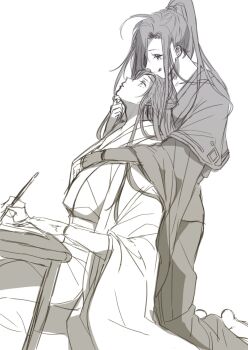 Rule 34 | 2boys, ahoge, amana raika, barefoot, calligraphy brush, chinese clothes, closed mouth, commentary request, couple, greyscale, hand on another's chin, hanfu, headband, highres, holding, holding calligraphy brush, holding paintbrush, hug, hug from behind, kneeling, lan wangji, licking lips, long hair, long sleeves, looking at another, male focus, modao zushi, monochrome, multiple boys, paintbrush, ponytail, robe, seiza, sidelocks, simple background, sitting, sketch, smile, table, tongue, tongue out, wei wuxian, white background, wide sleeves, writing, yaoi