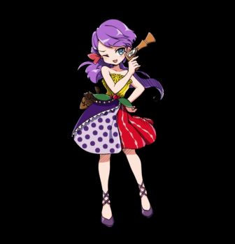 :3 bare_shoulders black_background blue_eyes bow breasts collarbone dress folded_ponytail full_body gun hair_bow hand_on_own_hip holding holding_gun holding_weapon leaf leg_ribbon liddy_(merc_storia) long_hair merc_storia merc_storia_art_team official_art one_eye_closed open_mouth purple_hair red_bow ribbon simple_background small_breasts smile solo standing strapless strapless_dress tachi-e weapon