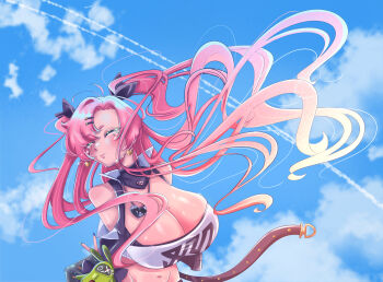 1girl 2024 alternate_breast_size_(larger) arm_under_breasts bangboo_(zenless_zone_zero) belt black_jacket black_ribbon black_shorts black_sleeves black_thighhighs blush breasts character_doll cleavage closed_eyes clothes_writing clothing_cutout cloud cloudy_sky commentary contrapposto cropped_jacket crying cutoffs detached_sleeves doll earrings english_commentary female_focus floating_clothes floating_hair hair_ornament hair_ribbon hairclip hairdressing happy heart heart_earrings heart_necklace highres huge_breasts jacket jewelry large_breasts lips long_hair micro_shorts midriff miragoat777 mole mole_on_breast mole_on_thigh mole_under_eye navel necklace nicole_demara o-ring o-ring_thigh_strap open_mouth outdoors pink_hair pointy_ears popped_collar ribbon rocket shiny_skin shorts shoulder_cutout skindentation sky solo strapless swept_bangs tears thigh_strap thighhighs tube_top twintails variant_set white_tube_top yellow_nails zenless_zone_zero