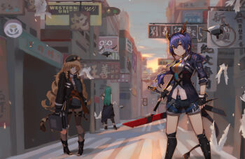 3girls absurdres animal_ears arknights arm_scarf bare_shoulders beret black_hat black_shoes black_shorts blonde_hair blue_hair breasts ch&#039;en_(arknights) chi_xiao_(arknights) chinese_commentary city closed_mouth collared_shirt commentary_request day dragon_girl dragon_horns dragon_tail drill_hair drill_sidelocks drone expressionless feet_out_of_frame from_behind full_body gloves green_eyes green_hair hair_between_eyes hat highres horns hoshiguma_(arknights) jacket long_hair looking_at_viewer multiple_girls necktie outdoors qingfeng_canying red_eyes shirt shoes short_shorts shorts sidelocks single_horn skin-covered_horns sleeveless standing swire_(arknights) tail tiger_ears tiger_girl tiger_tail white_shirt yellow_necktie