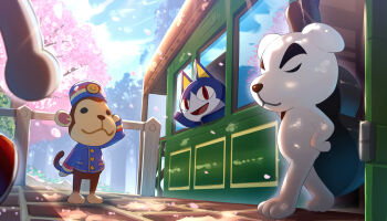 Rule 34 | 1other, 3boys, :d, animal crossing, animal ears, animal nose, arm up, blue headwear, blue jacket, blue sky, buttons, cat boy, cat ears, cherry blossoms, closed eyes, closed mouth, cloud, commentary request, dappled sunlight, day, dog boy, dog ears, fence, full body, furry, furry male, gonzarez, hat, jacket, k.k. slider (animal crossing), light rays, long sleeves, looking at another, monkey boy, monkey ears, monkey tail, multiple boys, nintendo, open mouth, outdoors, petals, porter (animal crossing), red eyes, rover (animal crossing), shadow, sky, slit pupils, smile, solid circle eyes, standing, sunlight, tail, train, tree, waving, window