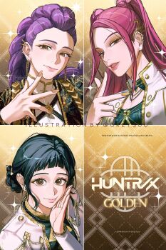 Rule 34 | 3girls, black hair, black jacket, braid, braided ponytail, brown hair, commentary, double bun, earrings, eyeshadow, hair bun, highres, hoop earrings, jacket, jewelry, kpop demon hunters, long hair, looking at viewer, makeup, mira (kpop demon hunters), multiple girls, oretsuu, pink hair, purple hair, rumi (kpop demon hunters), sidelocks, smile, sparkle, twintails, upper body, white jacket, zoey (kpop demon hunters)