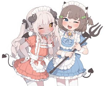 2girls blue_dress blue_eyes commentary demon_girl demon_horns demon_tail dress english_commentary highres holding horns indie_virtual_youtuber lily_hopkins long_hair maid_headdress multiple_girls one_eye_closed original possummachine simple_background smile tail white_background wings
