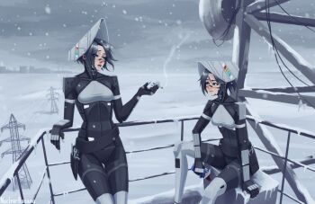 Rule 34 | 2girls, against railing, ara (signalis), black hair, blue eyes, cable, chocolate, cigarette, elbow rest, food, highres, holding, holding chocolate, holding cigarette, holding food, icicle, leaning back, looking at another, multiple girls, nuclearbanan, parabolic antenna, power lines, railing, robot girl, signalis, sitting, skyline, smoke, snow, snowing, standing, welding mask, winter