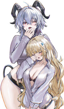 2girls ahoge alternate_costume atiarta7 black_bra black_horns black_panties black_tail blonde_hair blush bra bra_peek breasts closed_eyes collarbone commentary commission curled_horns demon_tail earrings english_commentary grey_hair hair_between_eyes hair_ornament hand_up height_difference highres horns jewelry key_earrings large_breasts long_hair long_sleeves looking_at_viewer mole mole_under_eye multicolored_hair multiple_girls no_pants one_eye_closed open_mouth panties partially_unbuttoned phoebe_(wuthering_waves) red_eyes rubbing_eyes shirt simple_background streaked_hair tail tail_wrap thighs twitter_username underwear white_background white_panties white_shirt wuthering_waves x_hair_ornament yawning yuri zani_(wuthering_waves)